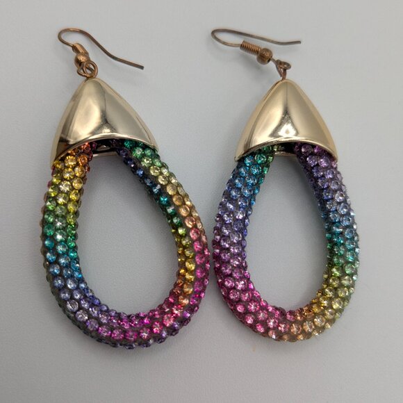 Crystal Women's Teardrop Hoop Multicolored Earrings Lightweight Gold Tone - Picture 3 of 7